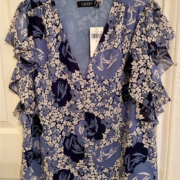 NWTs Ralph Lauren Floral Crinkle Georgette Shirt Blue $125 msrp Large LG - Picture 4 of 7